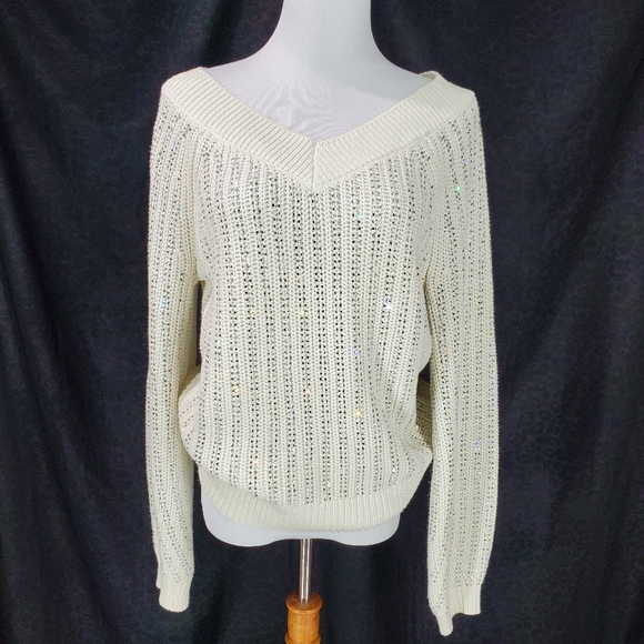 I.N.C. International Concepts Winter White V-Neck Rhinestone Sparkly Sweater S - Picture 3 of 12